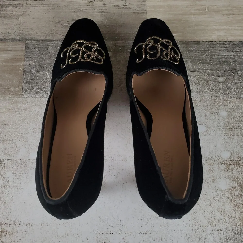 Lauren Ralph Lauren Corah Womens Pumps Sz 8.5 B Black Velvet Logo Stiletto Heel